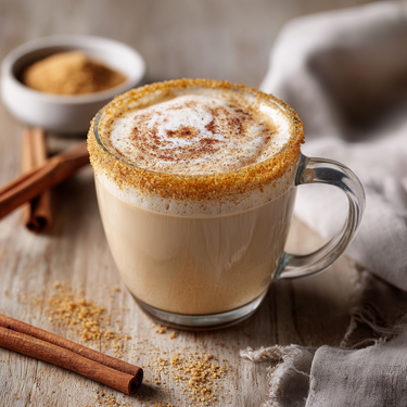 A glass mug of frothy latte topped with Turbinado Cinnamon Sugar 🧁 – Sweet, Spicy, and Everything Nice—plus a turbinado sugar rim. Cinnamon sticks and brown sugar rest nearby on a rustic wooden table with a light cloth.